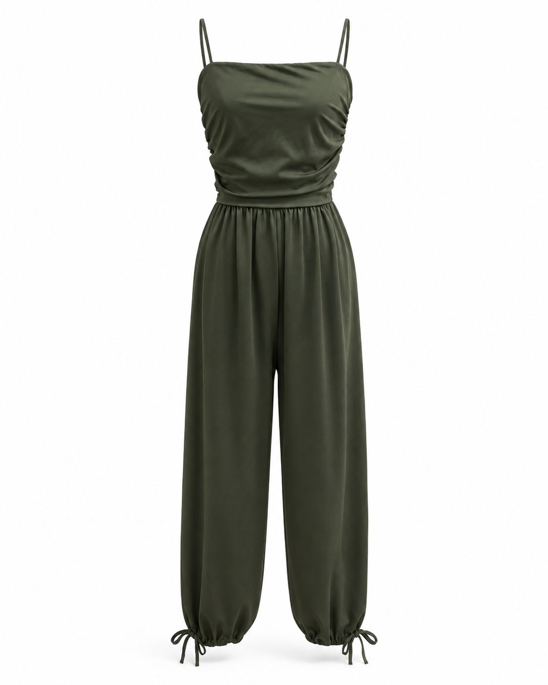 Olive Ruched Tie-Ankle Jumpsuit (One Size)